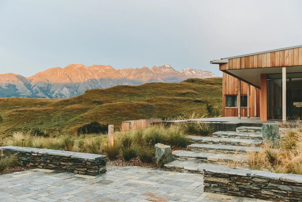 Outdoor patio with mountain view